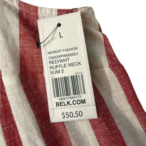 Crown & Ivy 100% Linen Ruffle Neck Sleeveless Blouse L NWT Red Stripe - Picture 5 of 6